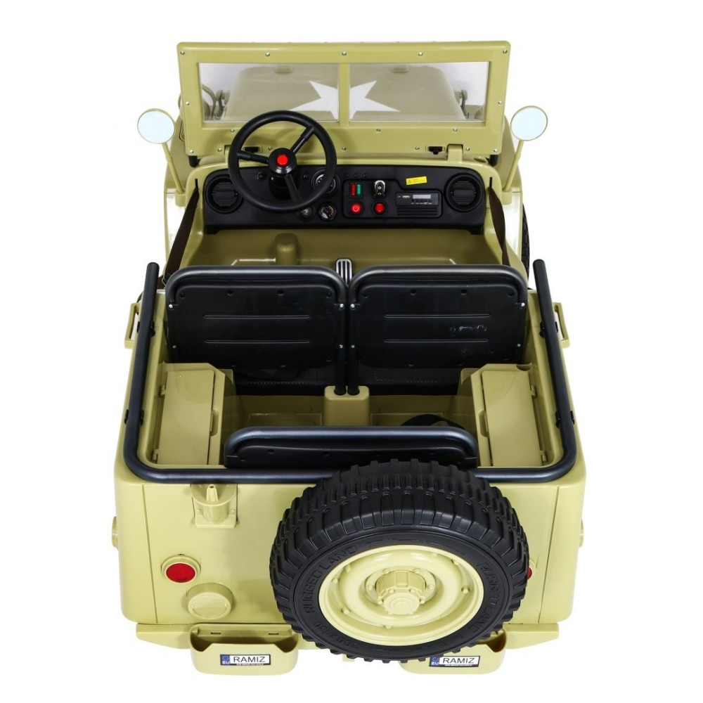 JOKO Elektrické autíčko Retro Vojenský Jeep 4x4, 3 miestny, nosnosť 60kg, kožené sedadlo, penové kolesá, béžové