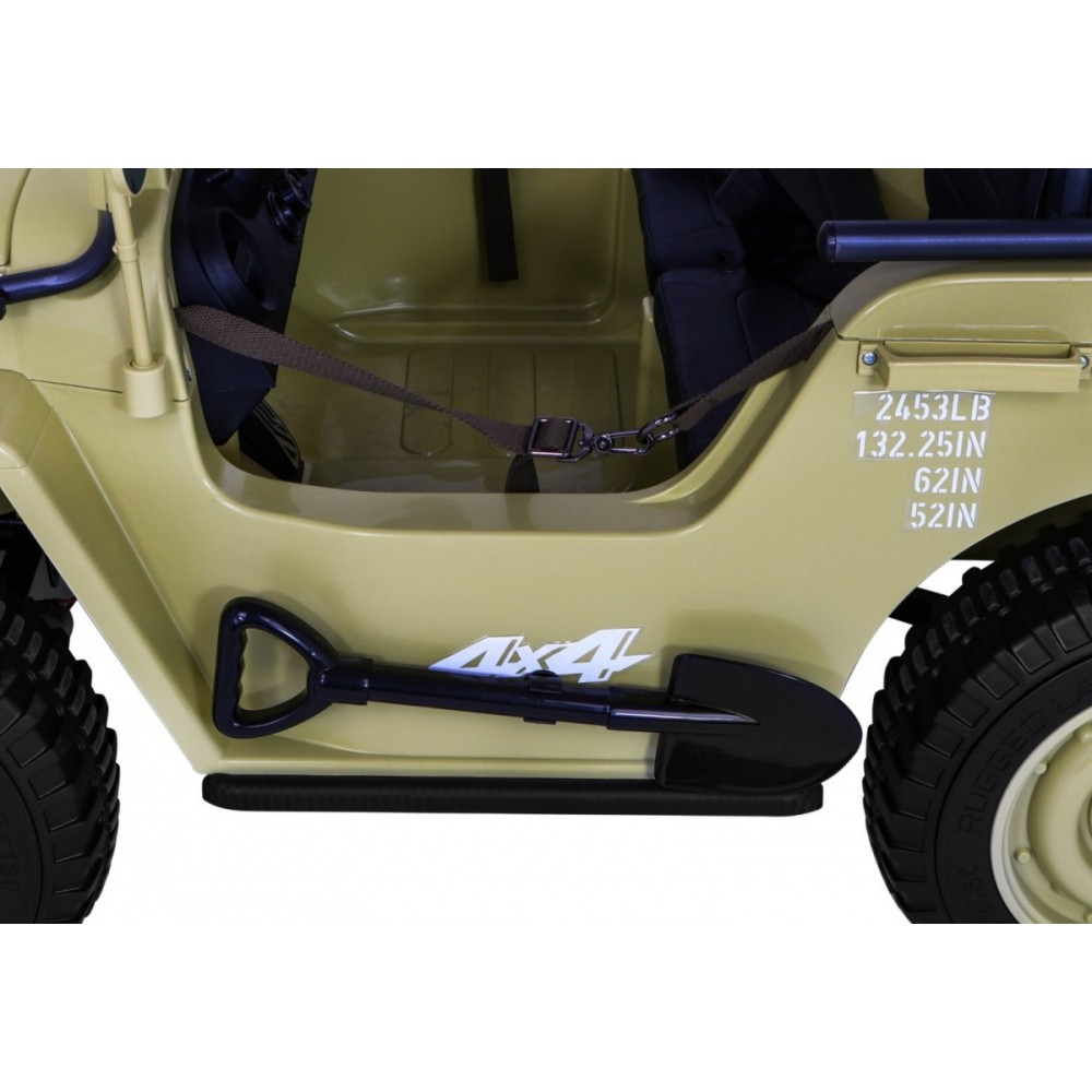 JOKO Elektrické autíčko Retro Vojenský Jeep 4x4, 3 miestny, nosnosť 60kg, kožené sedadlo, penové kolesá, béžové