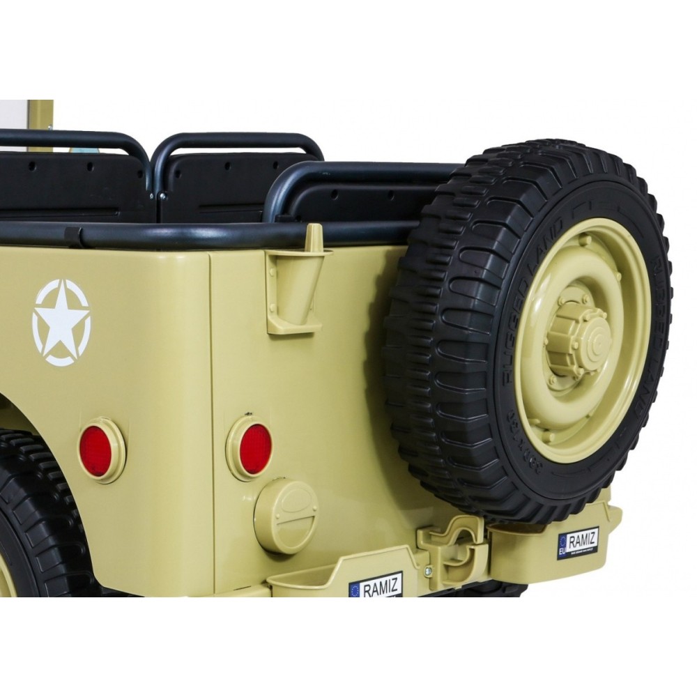 JOKO Elektrické autíčko Retro Vojenský Jeep 4x4, 3 miestny, nosnosť 60kg, kožené sedadlo, penové kolesá, béžové