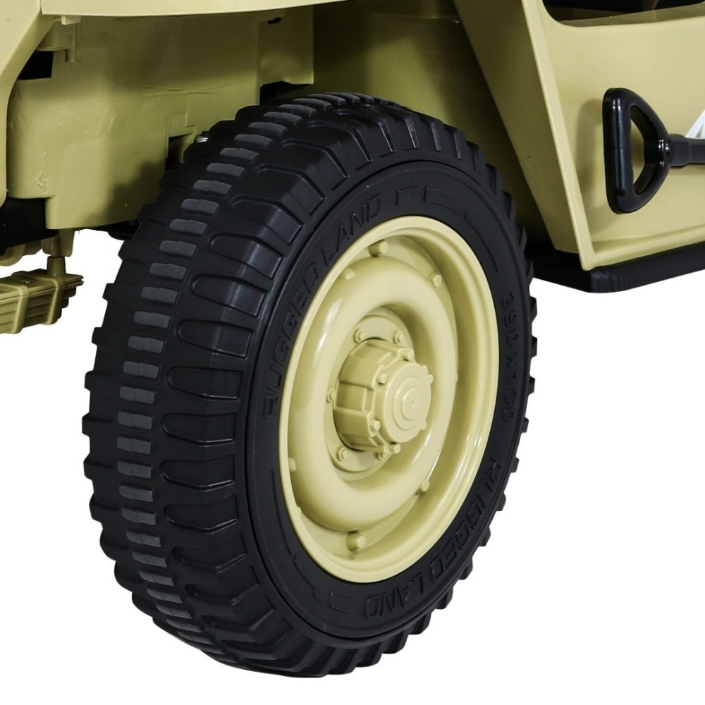 JOKO Elektrické autíčko Retro Vojenský Jeep 4x4, 3 miestny, nosnosť 60kg, kožené sedadlo, penové kolesá, béžové