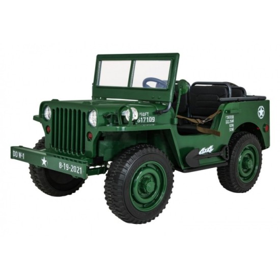 JOKO Elektrické autíčko Retro Vojenský Jeep 4x4, 3 miestny, nosnosť 60kg, kožené sedadlo, penové kolesá, zelené