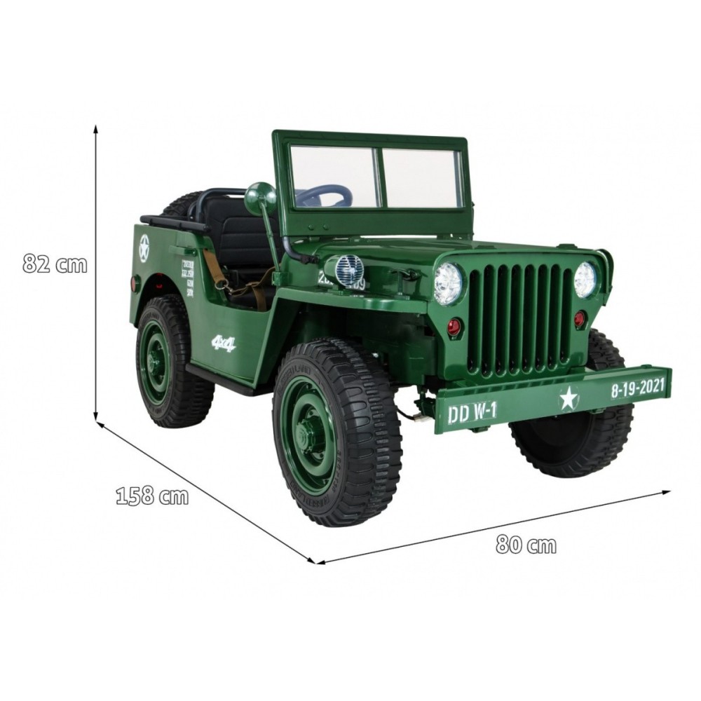 JOKO Elektrické autíčko Retro Vojenský Jeep 4x4, 3 miestny, nosnosť 60kg, kožené sedadlo, penové kolesá, zelené