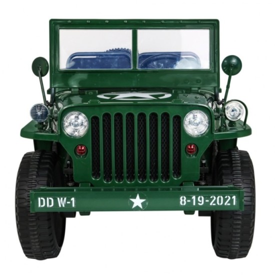 JOKO Elektrické autíčko Retro Vojenský Jeep 4x4, 3 miestny, nosnosť 60kg, kožené sedadlo, penové kolesá, zelené