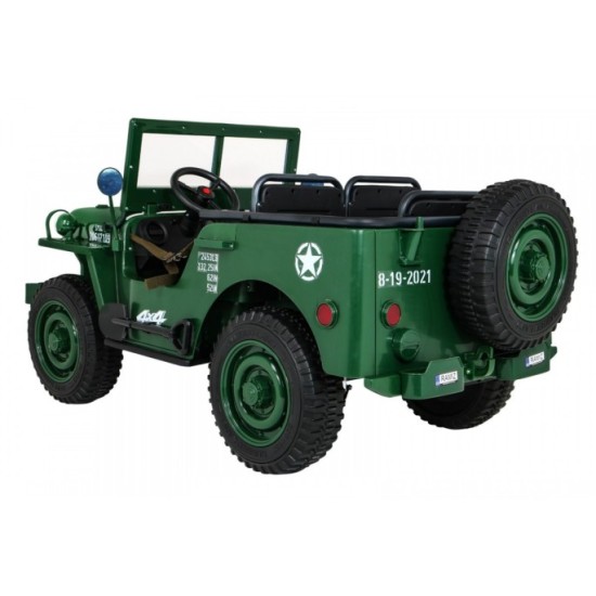 JOKO Elektrické autíčko Retro Vojenský Jeep 4x4, 3 miestny, nosnosť 60kg, kožené sedadlo, penové kolesá, zelené
