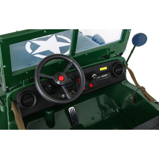 JOKO Elektrické autíčko Retro Vojenský Jeep 4x4, 3 miestny, nosnosť 60kg, kožené sedadlo, penové kolesá, zelené