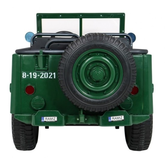 JOKO Elektrické autíčko Retro Vojenský Jeep 4x4, 3 miestny, nosnosť 60kg, kožené sedadlo, penové kolesá, zelené