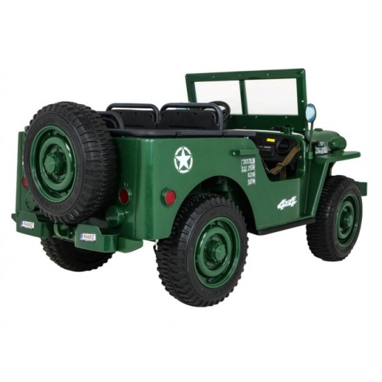 JOKO Elektrické autíčko Retro Vojenský Jeep 4x4, 3 miestny, nosnosť 60kg, kožené sedadlo, penové kolesá, zelené