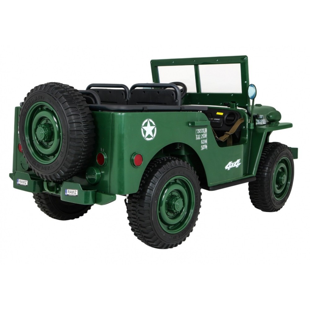 JOKO Elektrické autíčko Retro Vojenský Jeep 4x4, 3 miestny, nosnosť 60kg, kožené sedadlo, penové kolesá, zelené