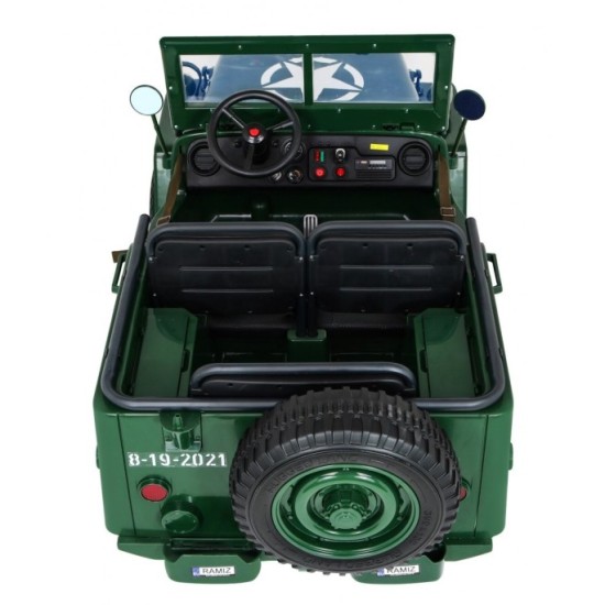 JOKO Elektrické autíčko Retro Vojenský Jeep 4x4, 3 miestny, nosnosť 60kg, kožené sedadlo, penové kolesá, zelené