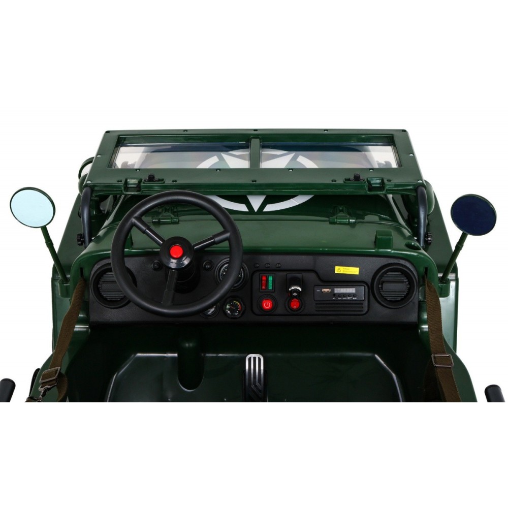JOKO Elektrické autíčko Retro Vojenský Jeep 4x4, 3 miestny, nosnosť 60kg, kožené sedadlo, penové kolesá, zelené