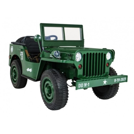 JOKO Elektrické autíčko Retro Vojenský Jeep 4x4, 3 miestny, nosnosť 60kg, kožené sedadlo, penové kolesá, zelené