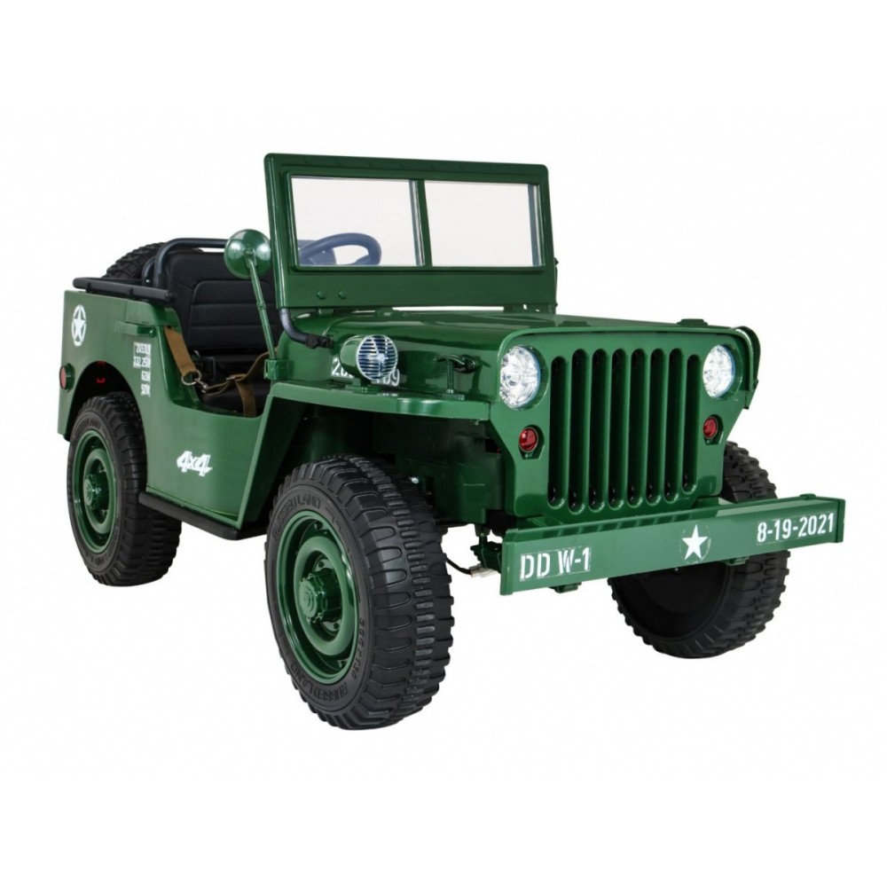 JOKO Elektrické autíčko Retro Vojenský Jeep 4x4, 3 miestny, nosnosť 60kg, kožené sedadlo, penové kolesá, zelené