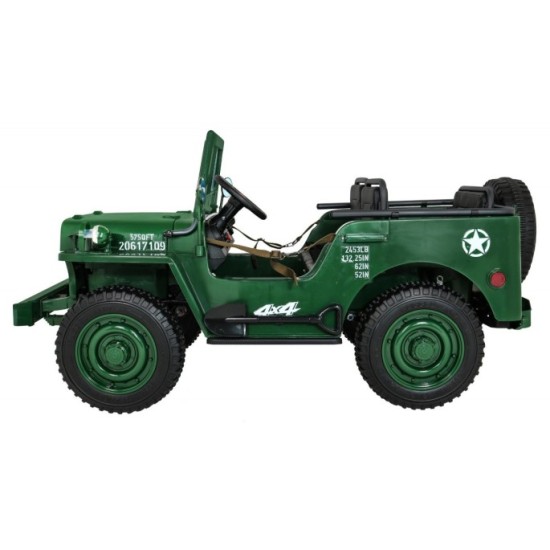 JOKO Elektrické autíčko Retro Vojenský Jeep 4x4, 3 miestny, nosnosť 60kg, kožené sedadlo, penové kolesá, zelené
