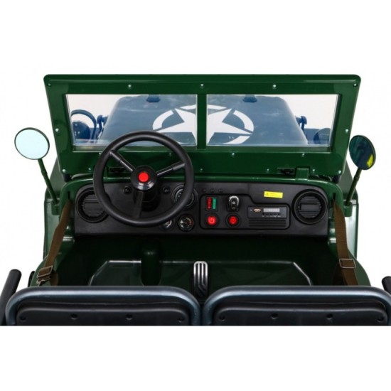 JOKO Elektrické autíčko Retro Vojenský Jeep 4x4, 3 miestny, nosnosť 60kg, kožené sedadlo, penové kolesá, zelené