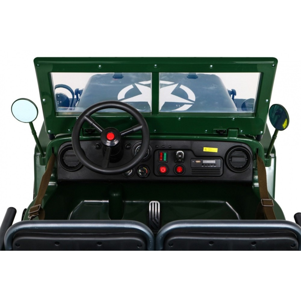 JOKO Elektrické autíčko Retro Vojenský Jeep 4x4, 3 miestny, nosnosť 60kg, kožené sedadlo, penové kolesá, zelené