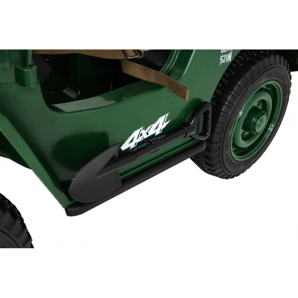 JOKO Elektrické autíčko Retro Vojenský Jeep 4x4, 3 miestny, nosnosť 60kg, kožené sedadlo, penové kolesá, zelené