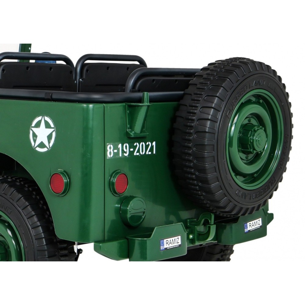 JOKO Elektrické autíčko Retro Vojenský Jeep 4x4, 3 miestny, nosnosť 60kg, kožené sedadlo, penové kolesá, zelené