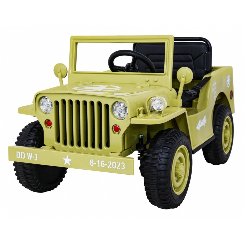 JOKO Elektrické autíčko Jeep Vojenský Retro Military 4x4, kožené sedadlo, penové kolesá, béžové