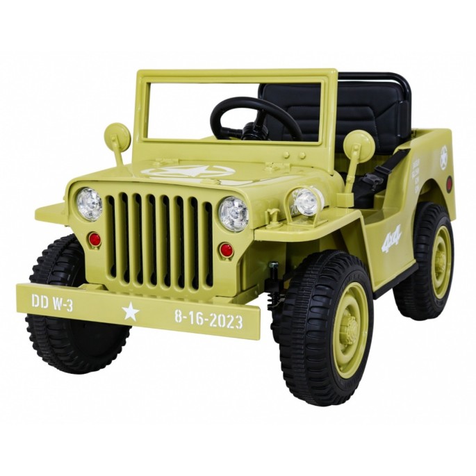 JOKO Elektrické autíčko Jeep Vojenský Retro Military 4x4, kožené sedadlo, penové kolesá, béžové