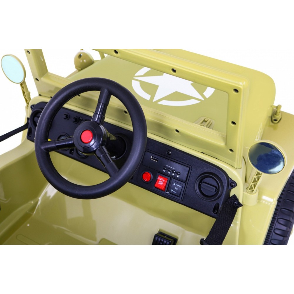 JOKO Elektrické autíčko Jeep Vojenský Retro Military 4x4, kožené sedadlo, penové kolesá, béžové