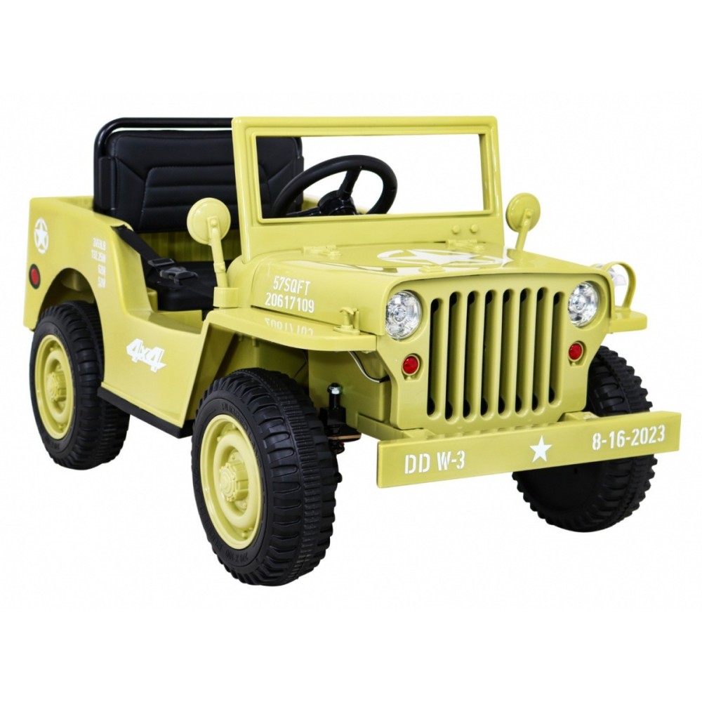 JOKO Elektrické autíčko Jeep Vojenský Retro Military 4x4, kožené sedadlo, penové kolesá, béžové