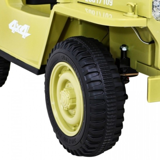 JOKO Elektrické autíčko Jeep Vojenský Retro Military 4x4, kožené sedadlo, penové kolesá, béžové