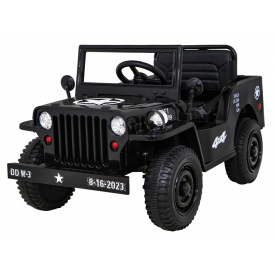 JOKO Elektrické autíčko Jeep Vojenský Retro Military 4x4, kožené sedadlo, penové kolesá, čierne
