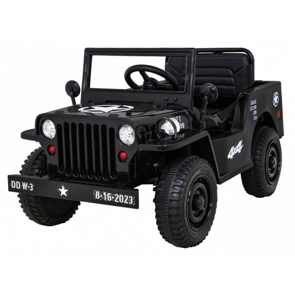 JOKO Elektrické autíčko Jeep Vojenský Retro Military 4x4, kožené sedadlo, penové kolesá, čierne