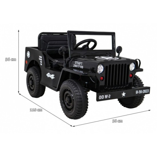 JOKO Elektrické autíčko Jeep Vojenský Retro Military 4x4, kožené sedadlo, penové kolesá, čierne