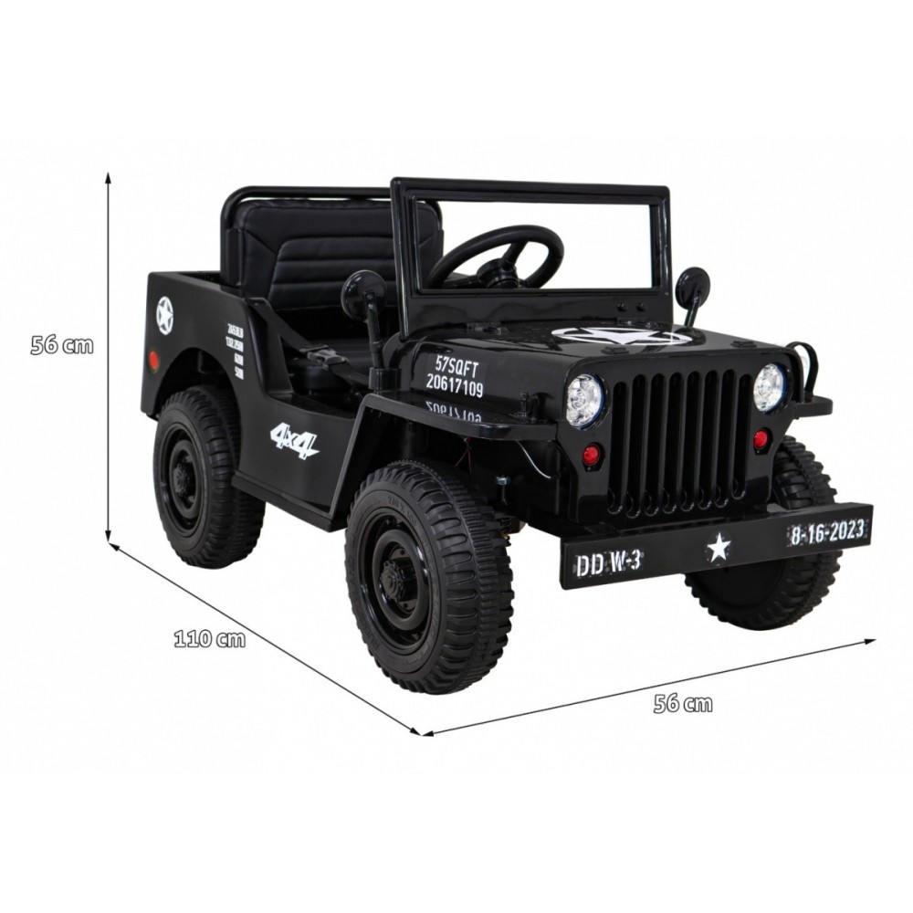JOKO Elektrické autíčko Jeep Vojenský Retro Military 4x4, kožené sedadlo, penové kolesá, čierne