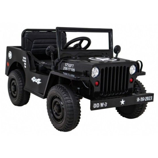 JOKO Elektrické autíčko Jeep Vojenský Retro Military 4x4, kožené sedadlo, penové kolesá, čierne