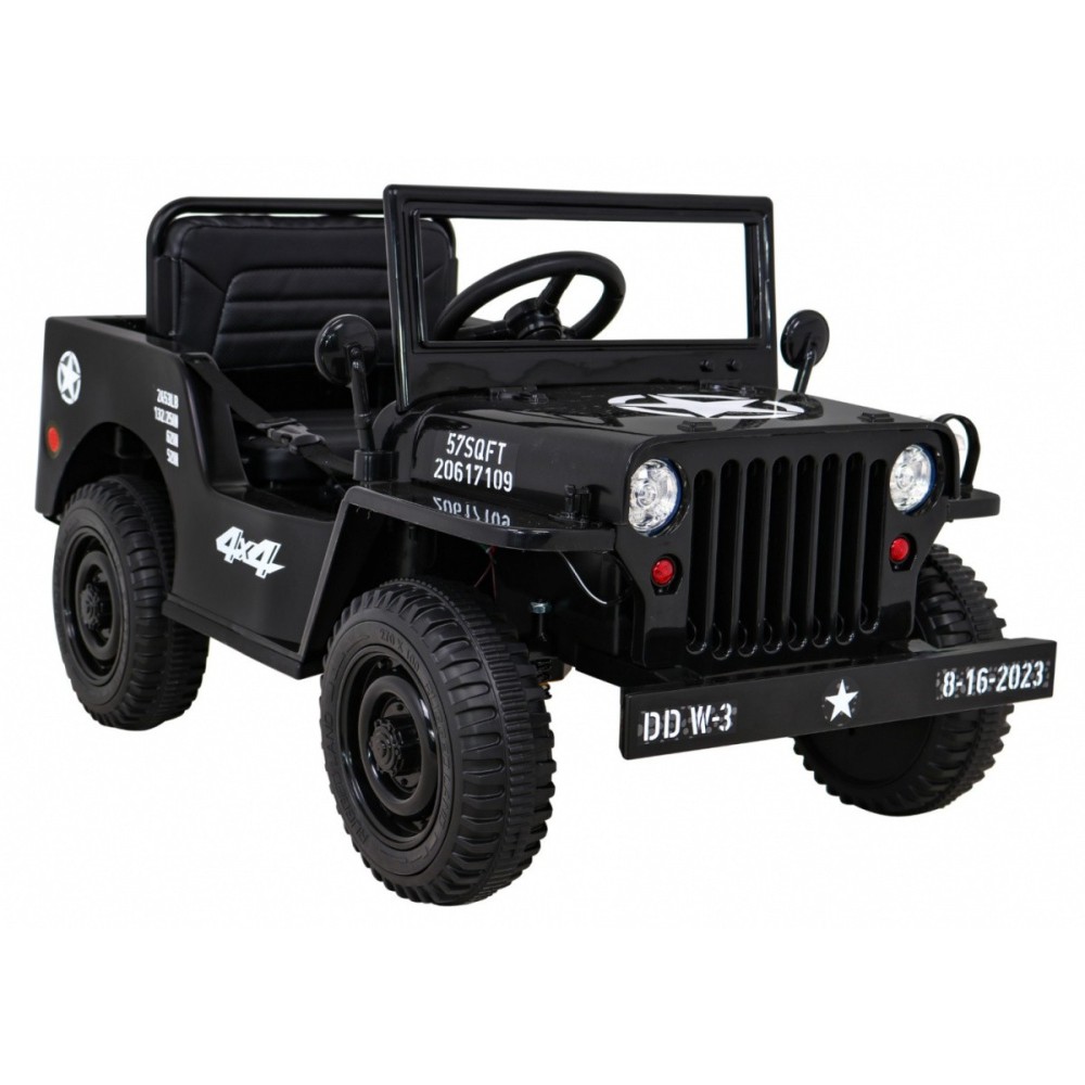 JOKO Elektrické autíčko Jeep Vojenský Retro Military 4x4, kožené sedadlo, penové kolesá, čierne