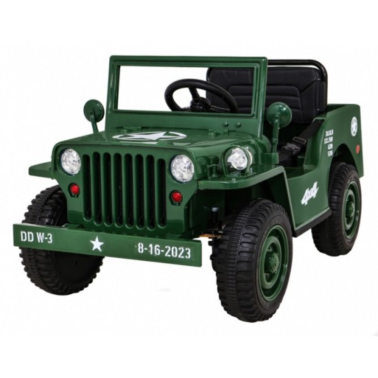 JOKO Elektrické autíčko Jeep Vojenský Retro Military 4x4, kožené sedadlo, penové kolesá, zelené