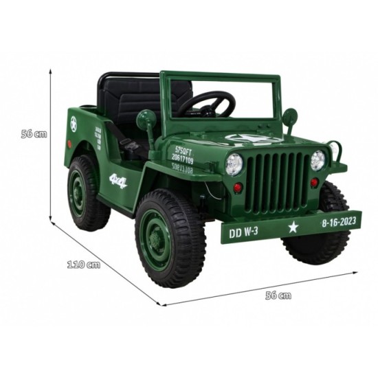JOKO Elektrické autíčko Jeep Vojenský Retro Military 4x4, kožené sedadlo, penové kolesá, zelené