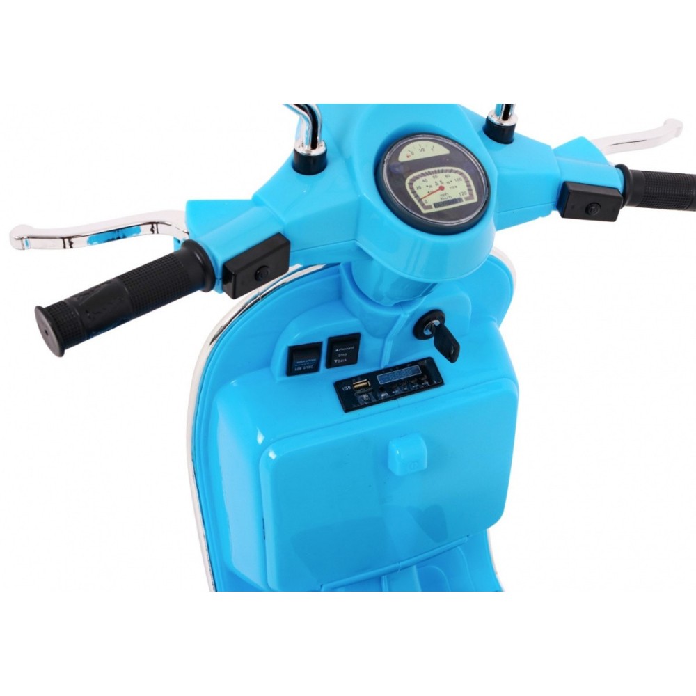 JOKO Elektrický skúter VESPA, penové kolesá, kožené sedadlo, modrý