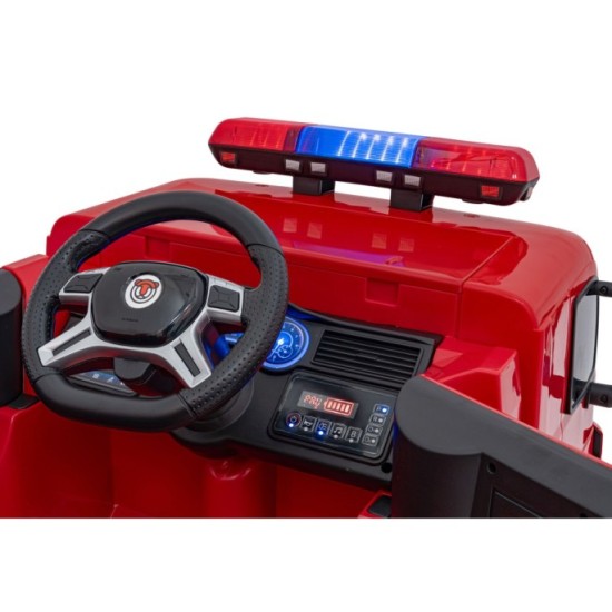 JOKO Elektrické autíčko Hasičské auto s Majákmi, penové kolesá, diaľkové ovládanie, nosnosť 30kg + striekacia pištoľ, helma, čer