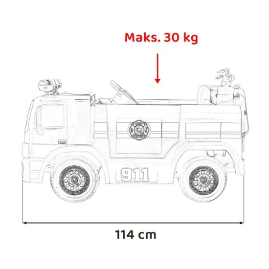 JOKO Elektrické autíčko Hasičské auto s Majákmi, penové kolesá, diaľkové ovládanie, nosnosť 30kg + striekacia pištoľ, helma, čer