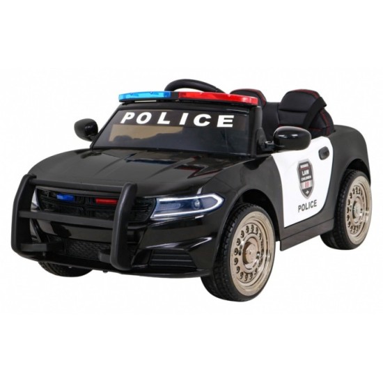 JOKO Elektrické autíčko Polícia s Megafónom, penové kolesá, kožené sedadlo, policajné majáky + zvuk Sirény, čierne