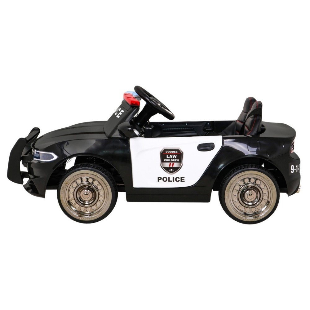 JOKO Elektrické autíčko Polícia s Megafónom, penové kolesá, kožené sedadlo, policajné majáky + zvuk Sirény, čierne