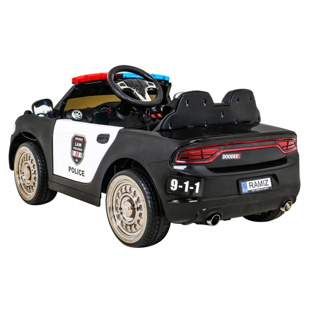 JOKO Elektrické autíčko Polícia s Megafónom, penové kolesá, kožené sedadlo, policajné majáky + zvuk Sirény, čierne