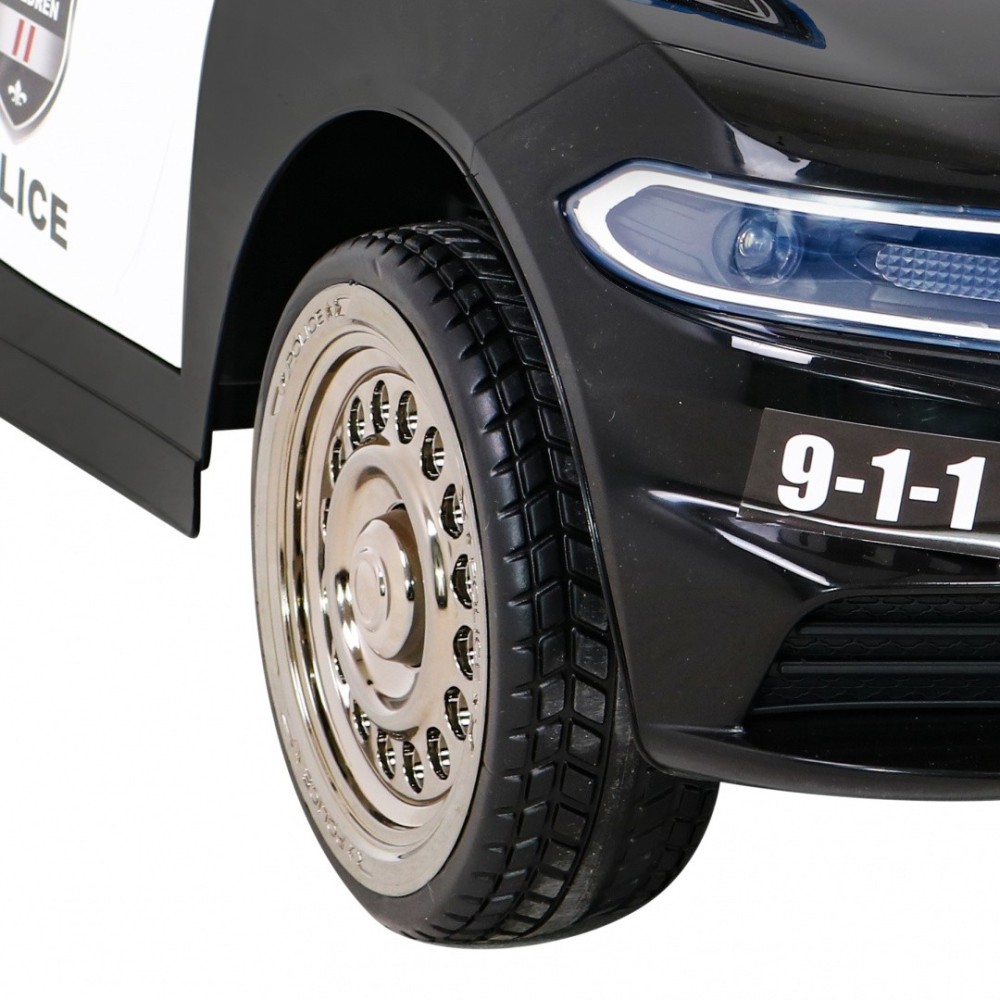 JOKO Elektrické autíčko Polícia s Megafónom, penové kolesá, kožené sedadlo, policajné majáky + zvuk Sirény, čierne