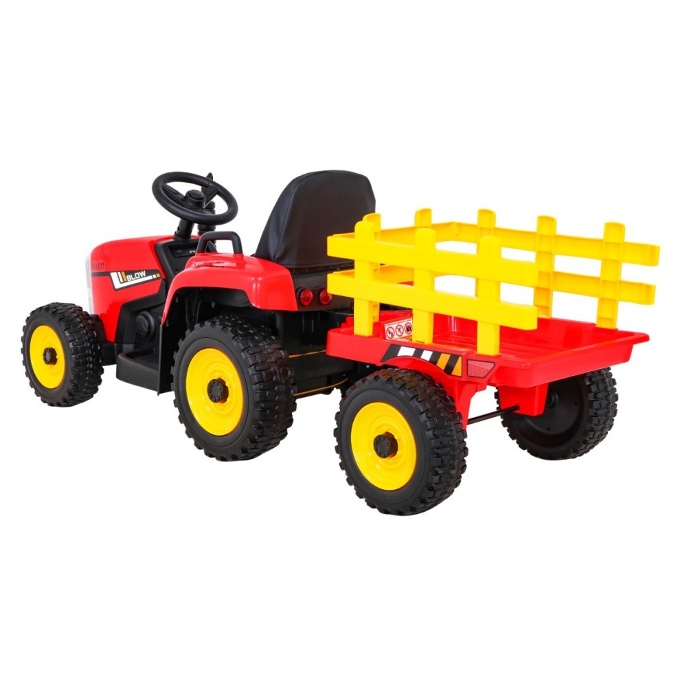 JOKO Elektrický traktor s vlečkou na drevo BLOW s diaľkovým ovládaním, penové kolesá, kožené sedadlo, Led svetlá, USB, MP3, červ