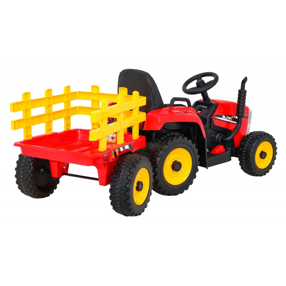 JOKO Elektrický traktor s vlečkou na drevo BLOW s diaľkovým ovládaním, penové kolesá, kožené sedadlo, Led svetlá, USB, MP3, červ