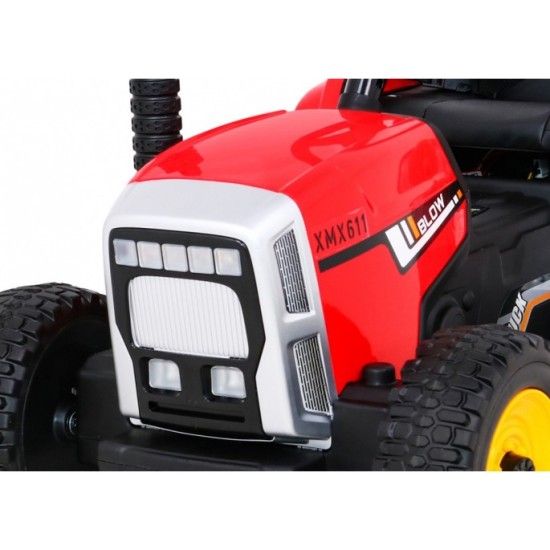 JOKO Elektrický traktor s vlečkou na drevo BLOW s diaľkovým ovládaním, penové kolesá, kožené sedadlo, Led svetlá, USB, MP3, červ