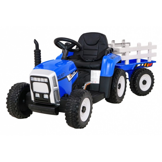 JOKO Elektrický traktor s vlečkou na drevo BLOW s diaľkovým ovládaním, penové kolesá, kožené sedadlo, Led svetlá, USB, MP3, modr