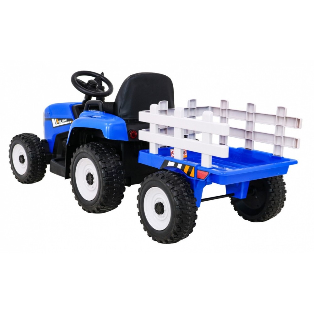 JOKO Elektrický traktor s vlečkou na drevo BLOW s diaľkovým ovládaním, penové kolesá, kožené sedadlo, Led svetlá, USB, MP3, modr