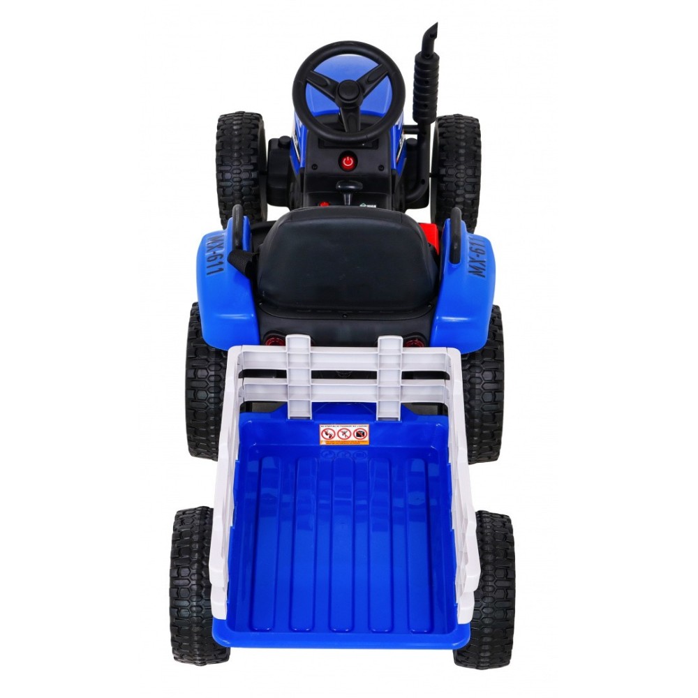 JOKO Elektrický traktor s vlečkou na drevo BLOW s diaľkovým ovládaním, penové kolesá, kožené sedadlo, Led svetlá, USB, MP3, modr