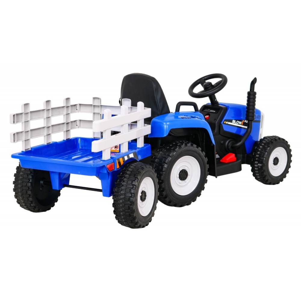 JOKO Elektrický traktor s vlečkou na drevo BLOW s diaľkovým ovládaním, penové kolesá, kožené sedadlo, Led svetlá, USB, MP3, modr