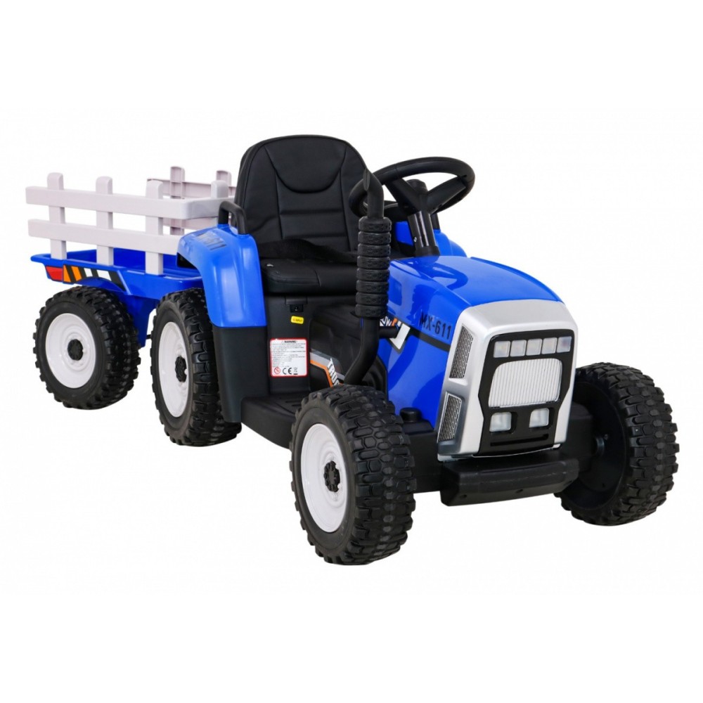 JOKO Elektrický traktor s vlečkou na drevo BLOW s diaľkovým ovládaním, penové kolesá, kožené sedadlo, Led svetlá, USB, MP3, modr