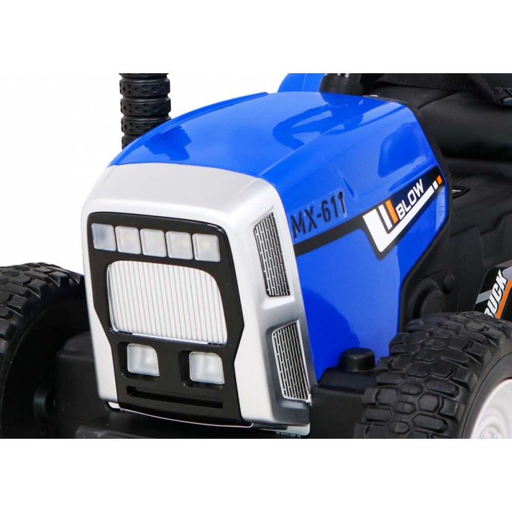 JOKO Elektrický traktor s vlečkou na drevo BLOW s diaľkovým ovládaním, penové kolesá, kožené sedadlo, Led svetlá, USB, MP3, modr